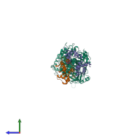 Hetero trimeric assembly 1 of PDB entry 2os8 coloured by chemically distinct molecules, side view.