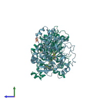 PDB entry 2ot7 coloured by chain, side view.