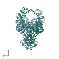 PDB entry 2ot8 coloured by chain, side view.