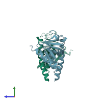 PDB entry 2otx coloured by chain, side view.