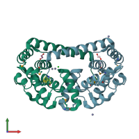 PDB entry 2ou3 coloured by chain, front view.