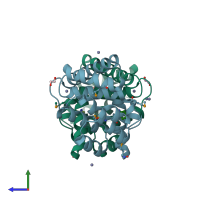 PDB entry 2ou3 coloured by chain, side view.