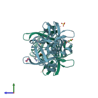 PDB entry 2oua coloured by chain, side view.