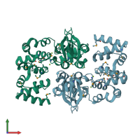 PDB entry 2oux coloured by chain, front view.