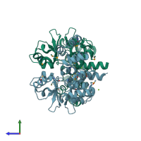 PDB entry 2oux coloured by chain, side view.