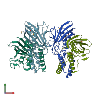 PDB entry 2ov9 coloured by chain, front view.