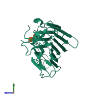 Monomeric assembly 1 of PDB entry 2ovu coloured by chemically distinct molecules, side view.