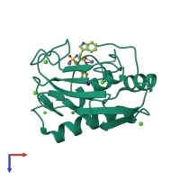 Monomeric assembly 1 of PDB entry 2ow0 coloured by chemically distinct molecules, top view.