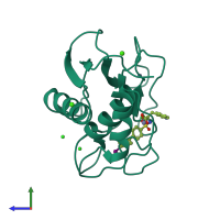 Monomeric assembly 2 of PDB entry 2ow0 coloured by chemically distinct molecules, side view.