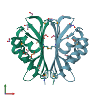 PDB entry 2owp coloured by chain, front view.