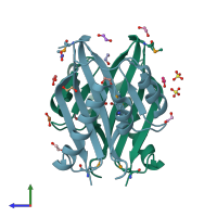 PDB entry 2owp coloured by chain, side view.