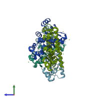 PDB entry 2ox6 coloured by chain, side view.