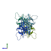 PDB entry 2ox7 coloured by chain, side view.
