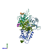 PDB entry 2ox9 coloured by chain, side view.