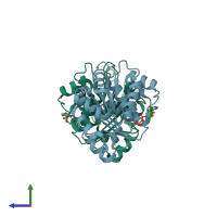 PDB entry 2oxc coloured by chain, side view.