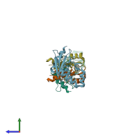 PDB entry 2oxq coloured by chain, side view.