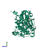 Monomeric assembly 1 of PDB entry 2oxy coloured by chemically distinct molecules, side view.
