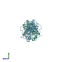 PDB entry 2oy0 coloured by chain, side view.
