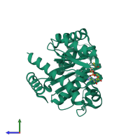 PDB entry 2oze coloured by chain, side view.