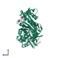 PDB entry 2ozg coloured by chain, side view.