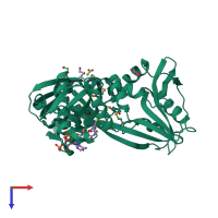 PDB entry 2ozg coloured by chain, top view.