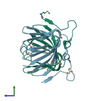 PDB entry 2ozj coloured by chain, side view.