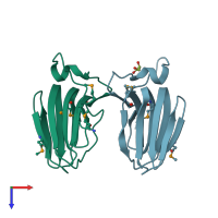 PDB entry 2ozj coloured by chain, top view.