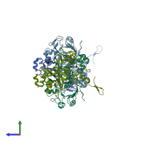 PDB entry 2ozk coloured by chain, side view.