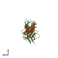 PDB entry 2ozn coloured by chain, side view.