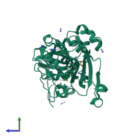 PDB entry 2ozp coloured by chain, side view.