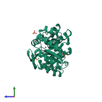 PDB entry 2ozt coloured by chain, side view.