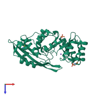 PDB entry 2ozt coloured by chain, top view.