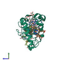 PDB entry 2p0b coloured by chain, side view.