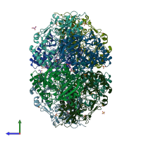 PDB entry 2p0i coloured by chain, side view.