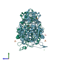 PDB entry 2p0u coloured by chain, side view.