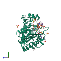 PDB entry 2p3o coloured by chain, side view.