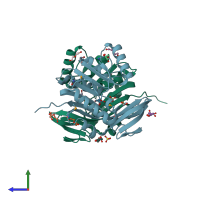 PDB entry 2p8j coloured by chain, side view.