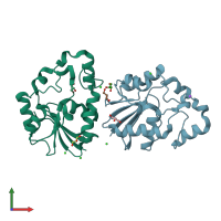 PDB entry 2pa0 coloured by chain, front view.