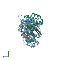 PDB entry 2pa5 coloured by chain, side view.