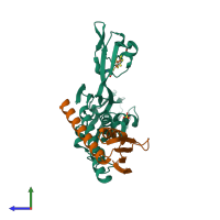 PDB entry 2pa8 coloured by chain, side view.