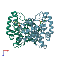 PDB entry 2pau coloured by chain, top view.