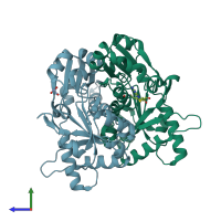PDB entry 2pb5 coloured by chain, side view.