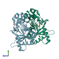 PDB entry 2pb6 coloured by chain, side view.