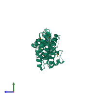 PDB entry 2pbe coloured by chain, side view.