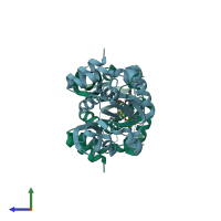 PDB entry 2pbf coloured by chain, side view.