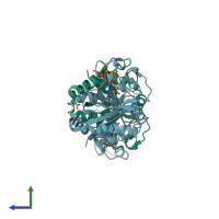 PDB entry 2pbk coloured by chain, side view.