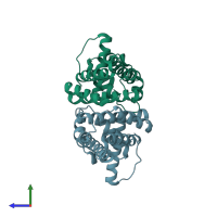 PDB entry 2pbx coloured by chain, side view.
