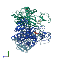 PDB entry 2pbz coloured by chain, side view.