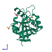 PDB entry 2pc1 coloured by chain, side view.