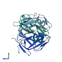 PDB entry 2pc5 coloured by chain, side view.